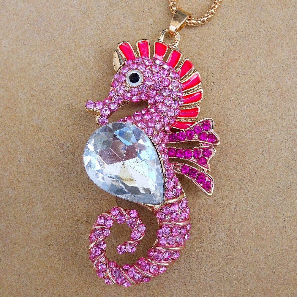 Pink Rhinestone Jewel Seahorse Summer Beach Ocean Statement Necklace